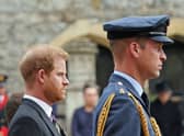 Prince Harry, The Duke of Sussex and Prince William, Prince of Wales follow the State Hearse carrying the coffin of Queen Elizabeth II. (Photo by Kirsty O'Connor - WPA Pool/Getty Images)