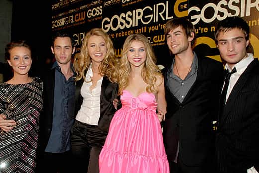 Gossip Girl cast (L-R) Leighton Meester, Penn Badgley, Blake Lively, Taylor Momsen, Chace Crawford and Ed Westwick (Pic:Getty)