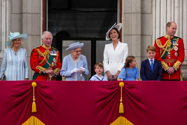 Royals gathered on the balcony of Buckingham Palace as they watch the RAF flypast during the Trooping the Colour parade on June 2, 2022. (Photo by Alastair Grant - WPA Pool/Getty Images)