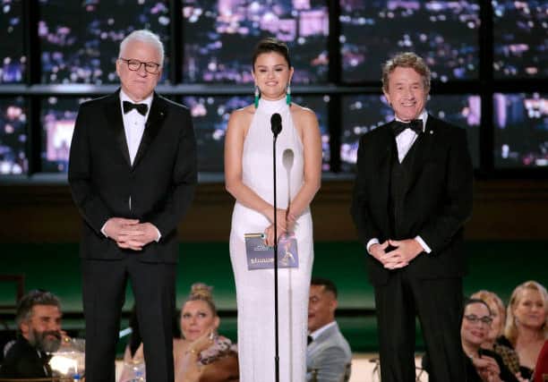 Selena Gomez recently presented an award at the Emmy’s with co-stars Steve Martin and Martin Short (Pic:Getty)