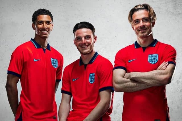 Jude Bellingham, Declan Rice and Jack Grealish wear the new away kits for Qatar World Cup