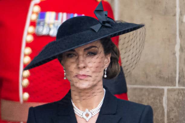 Kate wore a pearl necklace and earrings to the Queen’s state funeral (Pic:Getty)