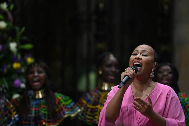  Emeli SandÃ© performs during the Commonwealth Day service ceremony at Westminster Abbey on March 14, 2022 in London, England. (Photo by Daniel Leal-WPA Pool/Getty Images)