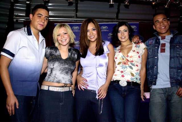 Pop group Hear’Say (L-R) Noel, Suzanne, Myleene, Kym and Danny were formed on the TV show ‘’Popstars’’ (Photo by Anthony Harvey/Getty Images)