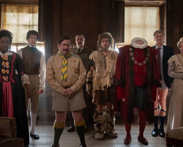 The ghosts - Lolly Adefope as Kitty, Mat Baynton as Thomas, Jim Howick as Pat, Ben Willbond as the Captain Larry Rickard as Robin, Yani Xander as Humphrey’s body, Simon Farnaby as Julian, and Martha Howe-Douglas as Lady Button - looking slightly shell-shocked after a big telling off from Alison (Credit: BBC/Monumental/Robbie Gray)