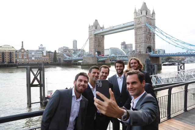 Federer leads a Team Europe selfie with Cam Norrie, Novak Djokovic, Andy Murray, Matteo Berrettini and Stefanos Tsitsipas