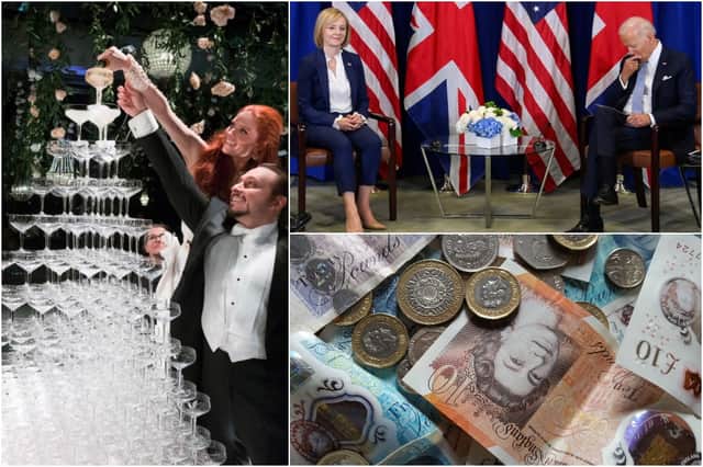 The image of a champagne tower is often used to visualise trickle-down economics, with wealth cascading down the social scale, reaching those worst off at the bottom last (Photos: Getty Images/Pexels)