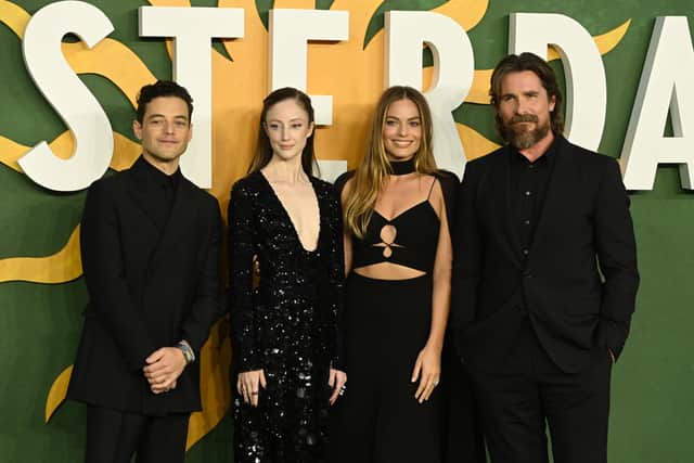 (L-R) Rami Malek, Andrea Riseborough, Margot Robbie and Christian Bale attend the "Amsterdam" European Premiere at Odeon Luxe Leicester Square on September 21, 2022 in London, England. (Photo by Kate Green/Getty Images)