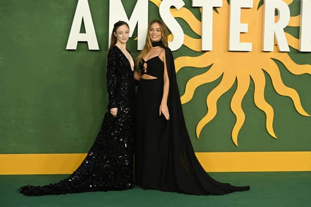 Andrea Riseborough and Margot Robbie attend the "Amsterdam" European Premiere at Odeon Luxe Leicester Square on September 21, 2022 in London, England. (Photo by Kate Green/Getty Images)