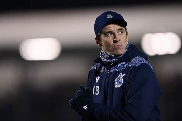Joey Barton, Manager of Bristol Rovers looks on during the Sky Bet League Two match between Bristol Rovers and Colchester United at Memorial Stadium on March 15, 2022 in Bristol, England. (Photo by Dan Mullan/Getty Images)