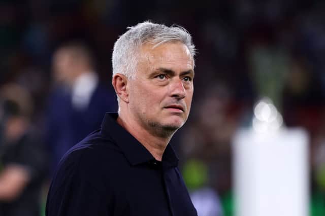 Jose Mourinho, Head Coach of AS Roma looks on following their sides victory in the UEFA Conference League final match between AS Roma and Feyenoord at Arena Kombetare on May 25, 2022 in Tirana, Albania. (Photo by Alex Pantling/Getty Images)