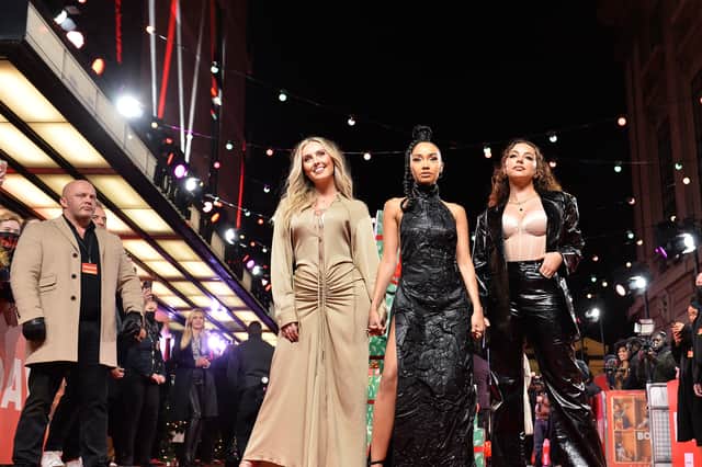 Perrie Edwards, Leigh-Anne Pinnock and Jade Thirlwall of Little Mix attend the "Boxing Day" World Premiere at The Curzon Mayfair on November 30, 2021