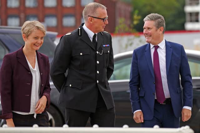 Keir Starmer and shadow home secretary, Yvette Cooper with Assistant Chief Constable Paul White at Merseyside Police Headquarters in Liverpool. Credit: PA