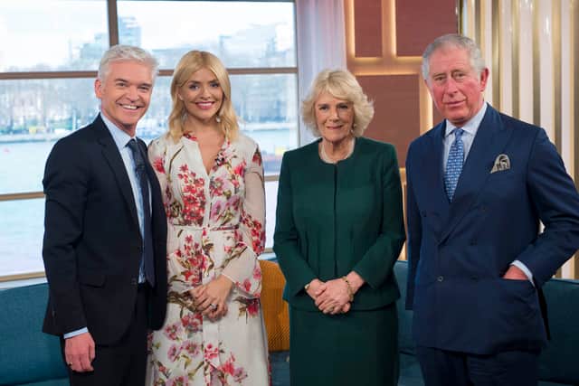 Presenters Philip Schofield and Holly Willoughby pose for a photo with Camilla, Duchess of Cornwall and Prince Charles, Prince of Wales after filming for ITV's "This Morning" during their visit to celebrate the 90th anniversary of the Royal Television Society at London Television Centre on January 31, 2018 in London, United Kingdom. (Photo by Geoff Pugh - WPA Pool/Getty Images)
