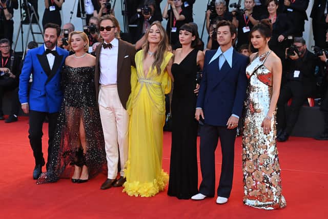 Kiki Layne did not attend the ”Don’t Worry Darling” red carpet at the 79th Venice International Film Festival, with the rest of the cast. (L-R) Nick Kroll, Florence Pugh, Chris Pine, Olivia Wilde, Sydney Chandler, Harry Styles and Gemma Chan. (Photo by Kate Green/Getty Images)
