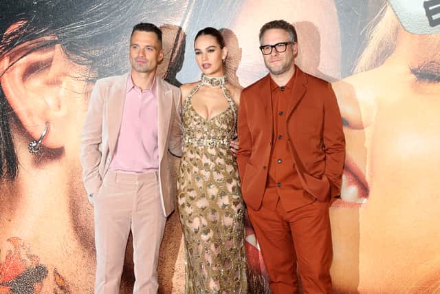 Sebastian Stan, Lily James, and Seth Rogen attend the Los Angeles finale premiere for Hulu's "Pam & Tommy"