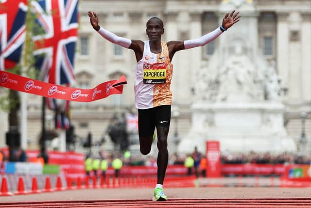 Eliud Kipchoge finishes the London Marathon and sets a course record. He will be back this weekend