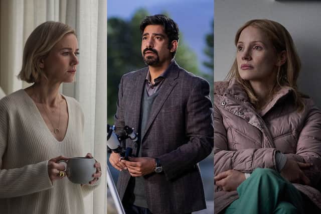 Naomi Watts in The Watcher, Rahul Kohli in The Midnight Club, and Jessica Chastain in The Good Nurse (Credit: Netflix)
