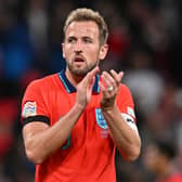 England’s striker Harry Kane applauds the fans following the UEFA Nations League group A3 football match between England and Germany at Wembley stadium in north London on September 26, 2022. - The match ended in a draw at 3-3.