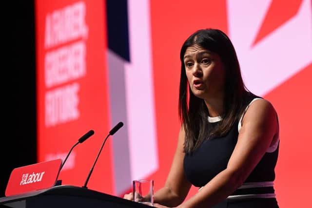 Shadow Levelling Up Secretary Lisa Nandy addresses delegates on the second day of the annual Labour Party conference in Liverpool. Credit: Getty Images