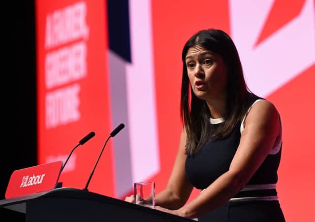 Shadow Levelling Up Secretary Lisa Nandy addresses delegates on the second day of the annual Labour Party conference in Liverpool. Credit: Getty Images
