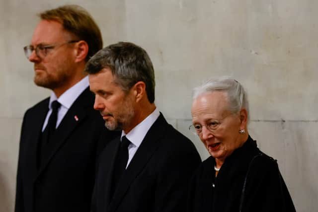 Queen Margrethe of Denmark and Crown Prince Frederik of Denmark (middle) viewed the coffin of Queen Elizabeth II lying in state at Westminster Hall. (Photo by Sarah Meyssonnier-WPA Pool/Getty Images)