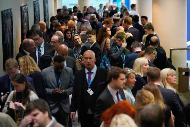 Boris Johnson’s Conservative Party Conference speech in 2018 saw queues throughout the ICC in Birmingham (image: Getty Images)