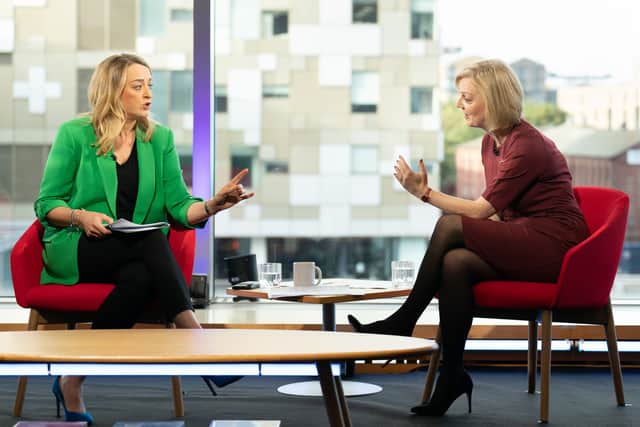 Laura Kuenssberg interviews ex-Prime Minister Liz Truss on the BBC1 current affairs programme, Sunday with Laura Kuenssberg (image: PA) 