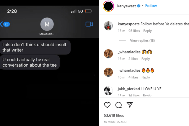 Kanye posted a screenshot of his conversation with fashion designer Mowalola (Pic:Instagram/KanyeWest)