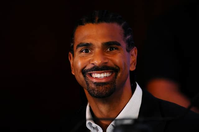 David Haye looks on during the Regis Prograis and Josh Taylor Press Conference in the lead up to the WBSS Super-Lightweight Ali Trophy Final at Park Plaza London Riverbank Hotel on September 09, 2019 in London, England.