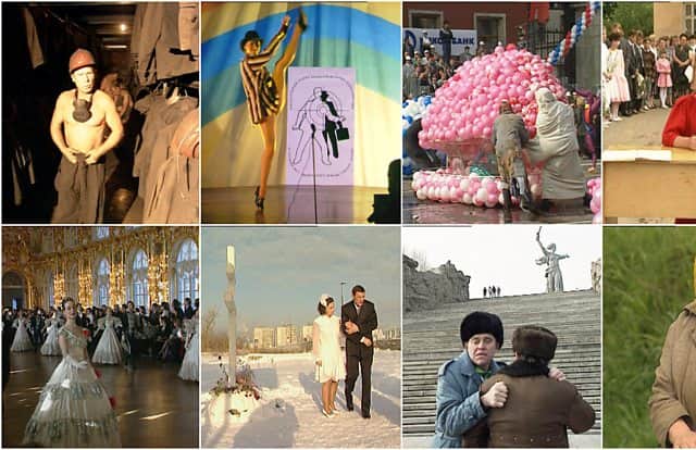 A compilation of eight images of archive footage from Russia, stacked 4x2: a shirtless miner in a hard hat; an entertainer on stage next to a target; a display of balloons; a newsreader wearing red; dancers in an ornate hall; a couple at a grave, in the snow; two men at the bottom of some steps; a sad older woman with a yellow shawl (Credit: BBC)