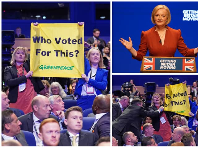 Protesters interrupted Prime Minister Liz Truss’ speech to the Conservative Party conference.