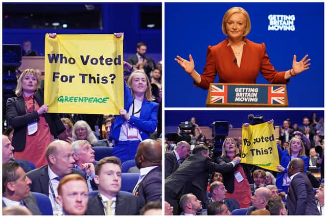 Protesters interrupted Prime Minister Liz Truss’ speech to the Conservative Party conference.