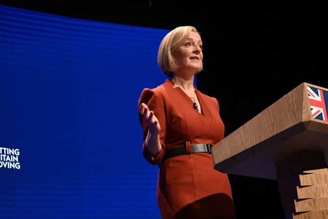 Prime Minister Liz Truss delivers her keynote address on the final day of the annual Conservative Party Conference in Birmingham. Credit: Getty Images