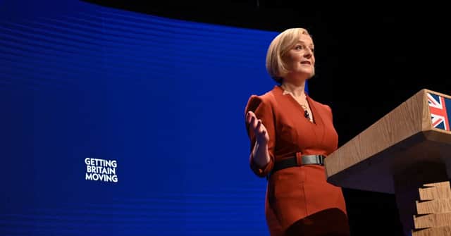Prime Minister Liz Truss delivers her keynote address on the final day of the annual Conservative Party Conference in Birmingham. Credit: Getty Images