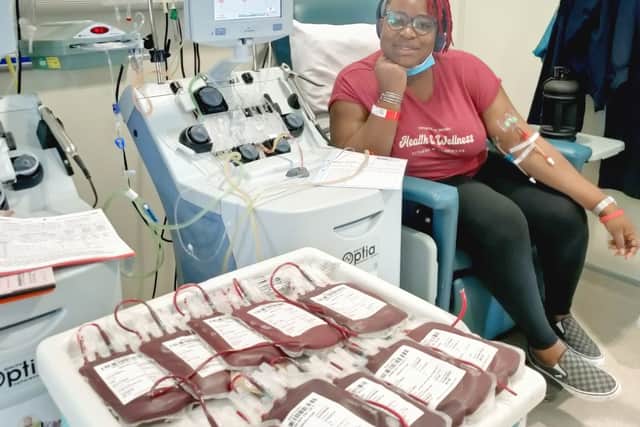 Oyesola Oni receiving a blood transfusion. Ms Oni needs all her blood replaced by donor blood every five weeks due to sickle cell (Photo: NHSBT/PA)
