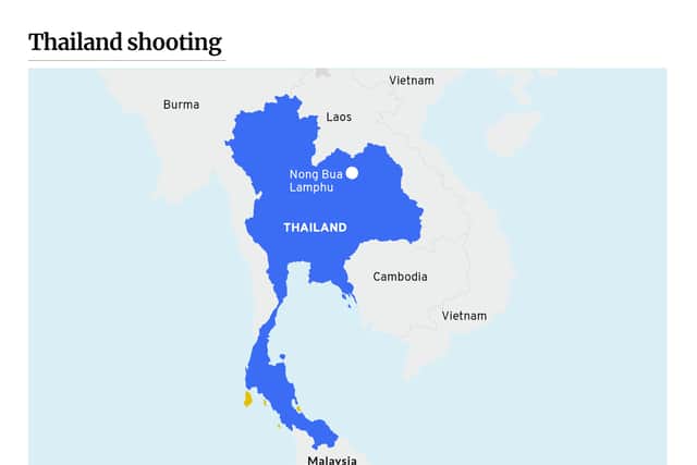 At least 30 people have been killed in a mass shooting at a childcare centre in Thailand (Graphic: Kim Mogg / NationalWorld)