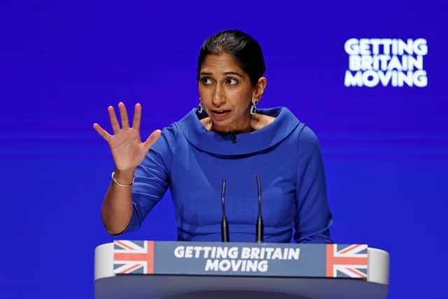Suella Braverman speaks on day three of the Conservative Party Conference in Birmingham, England. Credit: Getty Images