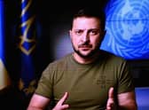Ukrainian President Volodymyr Zelensky onscreen as he remotely addresses the 77th session of the United Nations General Assembly at the UN headquarters in New York City 21 September 2022 (Photo: ANGELA WEISS/AFP via Getty Images)