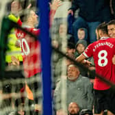 Players congratulate Ronaldo on his 700th club goal during United’s fixture against Everton