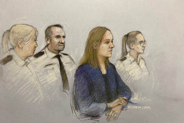 Court artist sketch by Elizabeth Cook of Lucy Letby appearing in the dock at Manchester Crown Court. (Picture: PA)