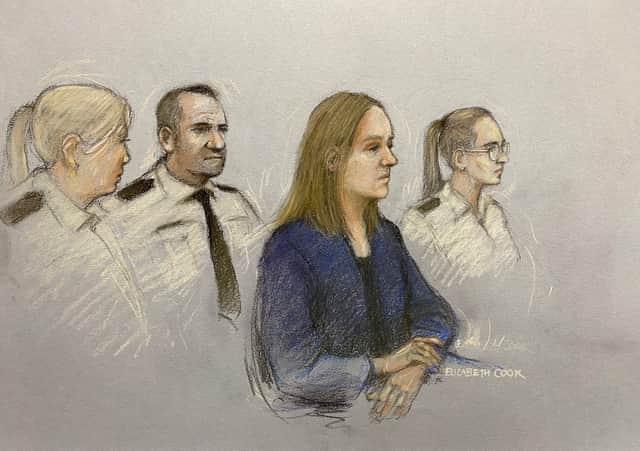 Court artist sketch by Elizabeth Cook of Lucy Letby appearing in the dock at Manchester Crown Court where she is charged with the murder of seven babies and the attempted murder of another 10. Credit: PA
