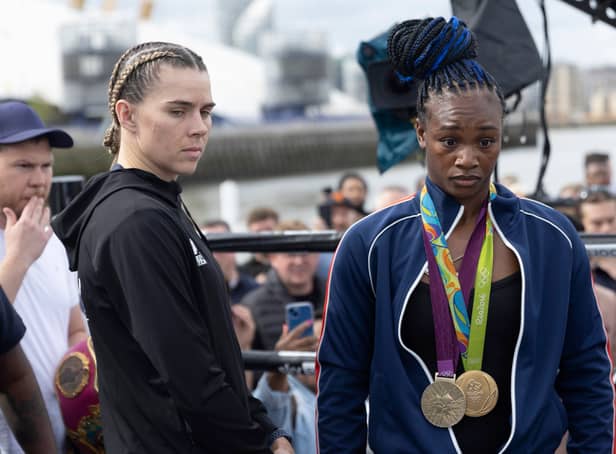 Savannah Marshall (L) and Claressa Shields at Boxxer media workout in September 2022