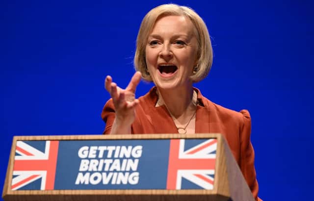  Liz Truss delivers her keynote address on the final day of the annual Conservative Party Conference in Birmingham, England. Credit: Getty Images