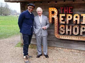 Jay Blades and King Charles III outside the Repair Shop workshop