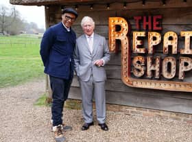 Jay Blades and King Charles III outside the Repair Shop workshop