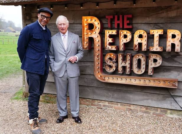 <p>Jay Blades and King Charles III outside the Repair Shop workshop</p>