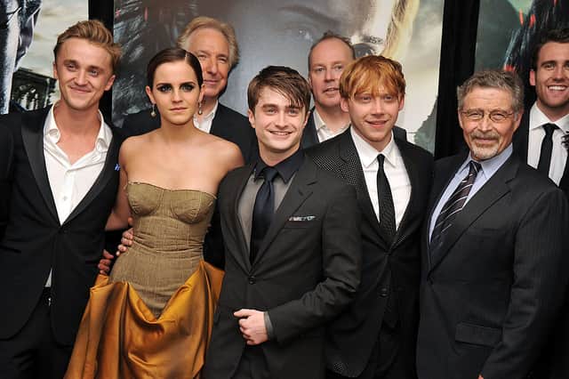 (L-R) Tom Felton, Emma Watson, Alan Rickman, Daniel Radcliffe, David Yates, Rupert Grint, Barry M. Meyer and Matthew Lewis attend the New York premiere of “Harry Potter And The Deathly Hallows: Part 2” at Avery Fisher Hall, Lincoln Center on July 11, 2011 in New York City.  (Photo by Stephen Lovekin/Getty Images)