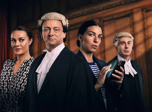 Chanel Cresswell as Coleen Rooney, Michael Sheen as David Sherborne, Natalia Tena is Rebekah Vardy, and Simon Coury as Hugh Tomlinson (Credit: Channel 4)