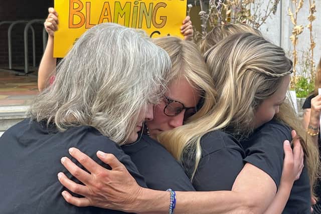 Gaia Pope-Sutherland’s family members comfort each other outside Dorset Coroner’s Court after the inquest into  the teenager’s death concluded in July. Credit: PA